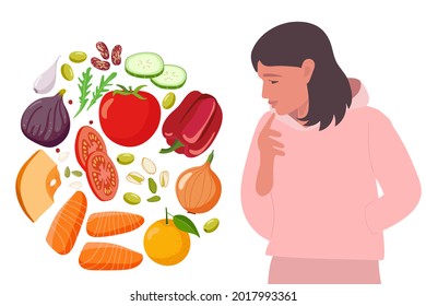 Healthy food. Young woman looks at set of vegetables, fruits, fish, she thinks about benefits of proper nutrition. Diet Choice. Healthy food vector flat on white background. Right Power Concept