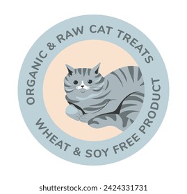 Healthy food for your kitten. Organic raw treats without soy and artificial additives, hypoallergenic, contain pure protein. Promotional banner or advertising, label or emblem, vector in flat style