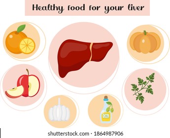 Healthy food for your liver. Concept of food and vitamins, medicine, prevention of liver diseases. Vector illustration