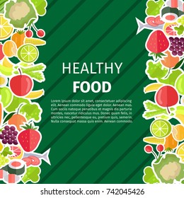 Healthy food yummy berries, vegetarian meal and ripe organic citruses vector illustration on green background. Poster with fruits and vegetables