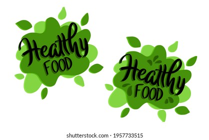 Healthy Food-a set of eco-friendly, organic bright 3D labels.  Vegan, healthy food icons, for printing on food packaging, etc. Vector, logo lettering, isolated on white background.