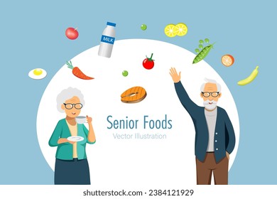 Healthy foods for elderly. Senior couple with low calories foods and vegetables. Healthy aging, active elderly. Vector.