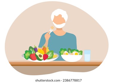 Healthy foods for elderly. Senior couple with health food. Healthy aging, active elderly. Vector illustration