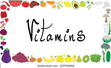 Healthy foods in frame shape. Vector graphic with colorful vegetables, fruits and other goodies.