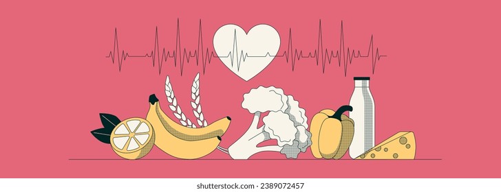 Healthy foods for heart health. Heart Cardiogram, vegetables, fruits. What you need to eat for cardiovascular health. Vector horizontal banner for your website. Flat illustration in minimalistic style