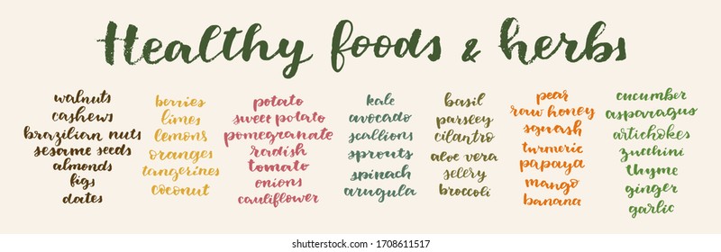 Healthy Foods and Herbs calligrafic set. Vector hand lettered healthy nutrition ingredient list. Healing diet plan example. Natural anti-inflammation foods lettering. Organic restaurant menu template