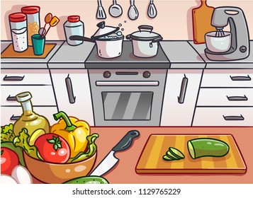 healthy foods are on the table in the kitchen