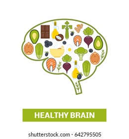 Healthy foods in shape of human brain, vector