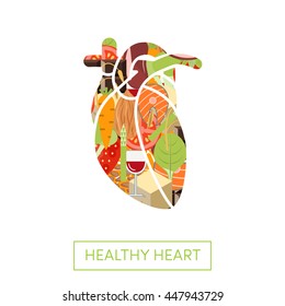 Healthy foods in shape of human heart, vector