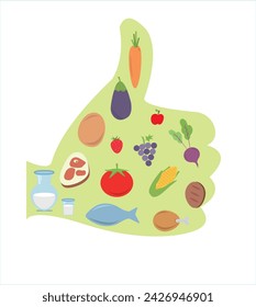 Healthy foods in thumbs up. Healthy food icons in thumbs up drawing. Vector illustration