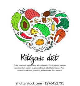 Healthy foods: vegetables, nuts, meat, fish. Heart shaped banner in doodle style. Keto diet. Ketogenic nutrition.