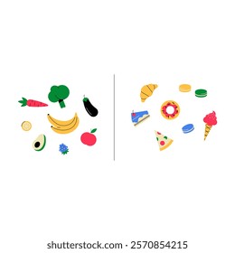 Healthy Foods Versus Junk Foods In Flat Vector Illustration Symbolizing Nutrition, Balanced Diet, And Healthy Eating Choices, Isolated On White Background.