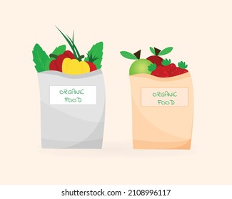 Healthy foods.Paper bags with organic food. Balanced diet or vegetarianism. Flat vector illustration