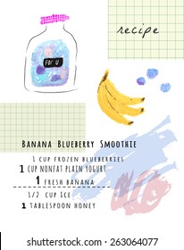 Healthy fresh banana blueberry smoothie recipe. Cute hand drawn illustration made with real oil pastel. Isolated 