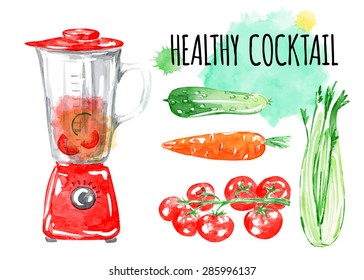 Healthy fresh cocktail. Vegetable juice. Vector watercolor. Isolated. Food background. Tomato, cucumber, carrot, celery. Red blender. 