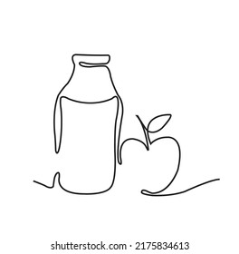 Healthy fresh drink with apple one line illustration. Line art minimal drawing design