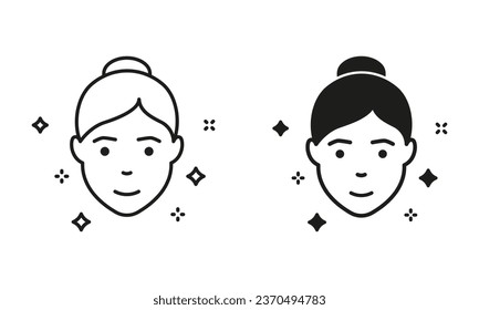 Healthy, Fresh Female Face with Clean Skin Pictogram. Woman with Beauty Face Skin Line and Silhouette Black Icon Set. Facial Skincare, Hygiene Symbol Collection. Isolated Vector Illustration.