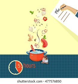 Healthy Fresh Food Depicting Cooking Process. hot soup and spices with captions Dinner, Nutrition, Cooking, Vegetarian