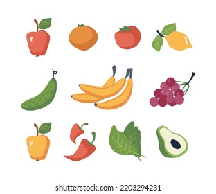 Healthy fresh food, isolated vegetables and fruits. Banana and apples, orange and lemon, pear and pepper. Avocado and grapes, cucumber and salad leaves. Vector in flat cartoon style