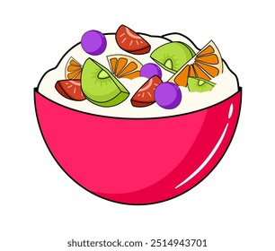 Healthy fresh fruit salad in a pink bowl vector illustration