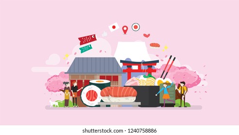 Healthy Fresh Japanese Food Tiny People Character Concept Vector Illustration, Suitable For Wallpaper, Banner, Background, Card, Book Illustration, And Web Landing Page