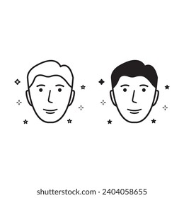 Healthy, Fresh Male Face with Clean Skin Pictogram. Man with Beauty Face Skin Line and Silhouette Black Icon Set. Facial Skincare, Hygiene Symbol Collection. Isolated Vector Illustration.