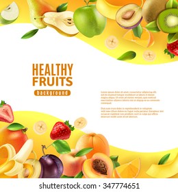 Healthy Fresh Natural Organic Fruits Diet Colorful Background Banner With Tropical Bananas And Kiwis  Abstract Vector Illustration