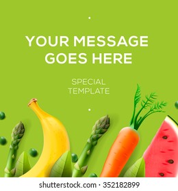 Healthy fresh organic products or advertising poster, vector illustration.