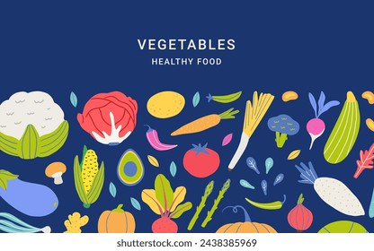 Healthy fresh organic vegetables dark graphic banner hand drawn style. Template design nutrition site. Vector illustration 