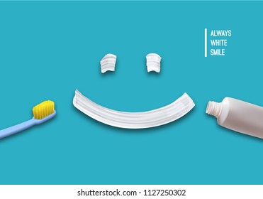 Healthy and Fresh Smile Illustration. White Toothpaste with Toothbrush and Tube of Paste. Vector Medical Banner Design Concept
