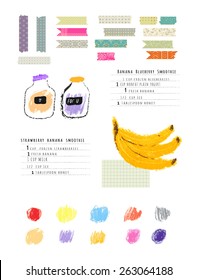 Healthy fresh smoothies recipes plus Collection of Cute Patterned Washi Tape Stripes and colored brush strokes of pastel. Cute hand drawn illustration made with real oil pastel. Isolated