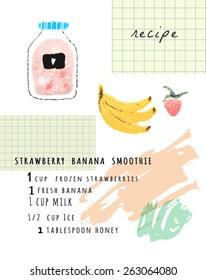 Healthy fresh strawberry banana  smoothie recipe. Cute hand drawn illustration made with real oil pastel. Isolated 