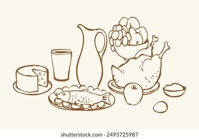 Healthy fresh tasty farm home cook white wine water hot turkey pie bbq ham snack slice piece salad sauce tavern cafe bar set. Outline black ink hand drawn past historic age art doodle line menu style