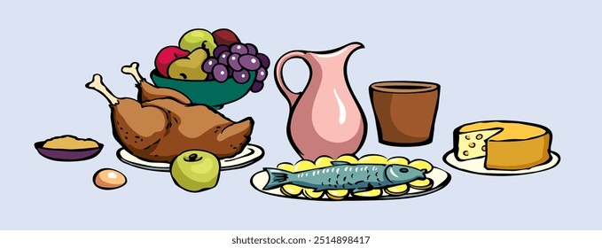 Healthy fresh tasty farm home cook white wine water hot turkey pie bbq ham snack slice piece salad sauce tavern cafe bar set. Outline black ink hand drawn past historic age art doodle line menu style