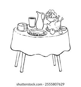 Healthy fresh tasty farm home cook white wine water hot turkey pie bbq ham snack slice piece salad sauce tavern cafe bar set. Outline black ink hand drawn past historic age art doodle line menu style