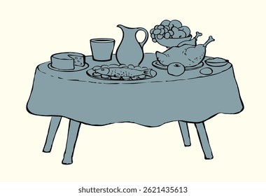 Healthy fresh tasty farm home cook white wine water hot turkey pie bbq ham snack slice piece salad sauce tavern cafe bar set. Outline black ink hand drawn past historic age art doodle line menu style