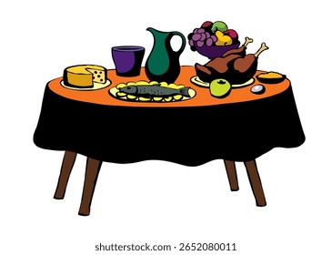 Healthy fresh tasty farm home cook white wine water hot turkey pie bbq ham snack slice piece salad sauce tavern cafe bar set. Outline black ink hand drawn past historic age art doodle line menu style