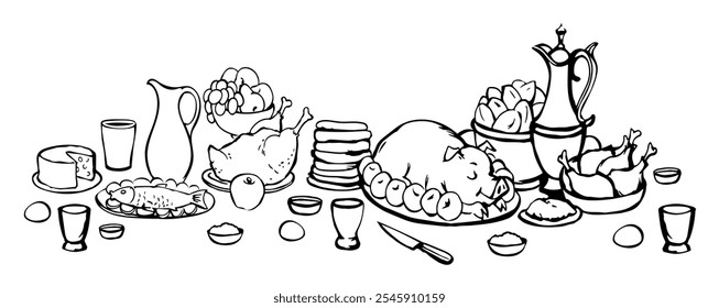 Healthy fresh tasty royal farm feast event cook wine apple juice cup hot pie bowl fat grill bbq ham bacon snack slice plate tavern cafe bar set. Hand drawn line art sketch old retro medieval age menu