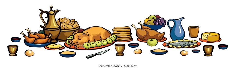 Saudável fresco saboroso festa da fazenda real evento cozinhar vinho maçã suco copo de torta quente tigela gordura churrasco presunto bacon lanche fatia placa taverna café bar set. Mão desenhado linha arte esboço velho retro idade medieval menu