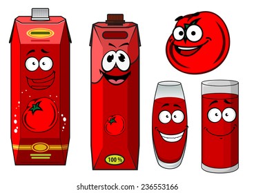 Healthy fresh tomato vegetable and tomato juice in two different containers and glasses with happy faces, vector illustration