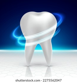 Diente fresco saludable bajo protección en un entorno futurista moderno. Implante dental artificial. Cuidado de los dientes, blanqueamiento, limpieza, curación. 3d ilustración vectorial realista.