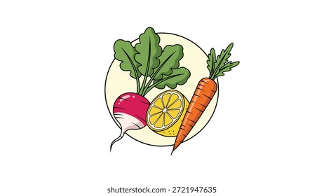 Healthy and fresh vegetable assortment featuring a red radish, a sliced yellow lemon, and a whole orange carrot on a plate.