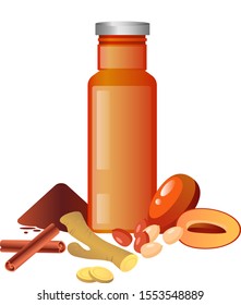 Healthy fresh vegetable and fruits detox smoothie, peanut, date fruit, cinnamon,cocoa powder and ginger. Colourful smoothie in the bottle on a white background. Vector illustration.