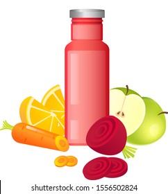 Healthy fresh vegetable and fruits detox smoothie, lemon, apple, carrot  and beet. Colourful smoothie in the bottle on a white background. Vector illustration.