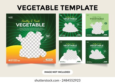 Healthy  fresh vegetable set food social media post. Organic food menu template collection. Organic vegetable sale discount template. Fresh vegetable advertisement poster collection