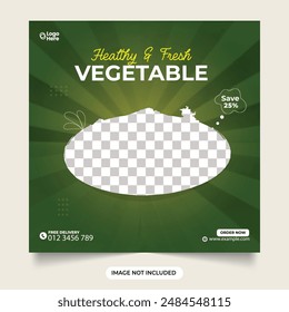 Healthy and fresh vegetable social media post design with yellow and green colors. Organic food supply business template. Vegetable sale promotional poster vector with abstract background.