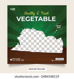 Healthy and fresh Vegetable social media post design. Vegetable promotional web banner vector with dark green color. Organic food business poster template with abstract shapes.