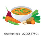 Healthy fresh vegetable soup still life icon vector. Bowl of vegetable soup with carrot, peas, potato, onion, leek and mushrooms vector. Veggie soup icon isolated on a white background