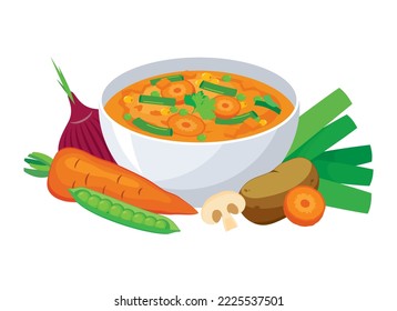 Healthy fresh vegetable soup still life icon vector  Bowl vegetable soup and carrot  peas  potato  onion  leek   mushrooms vector  Veggie soup icon isolated white background