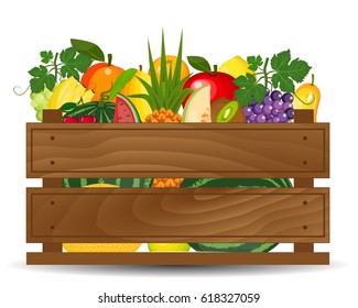 Healthy freshly harvested fruits in a wooden crate and grocery shopping concept banner. Wooden box with fresh fruits